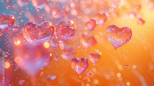  a group of hearts floating in the air on a yellow and pink background with drops of water on the glass.