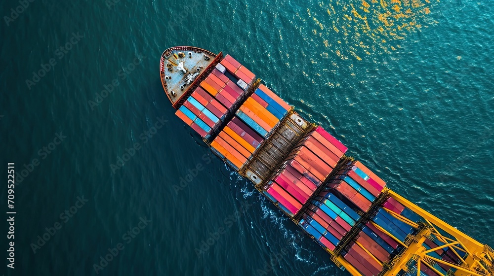 Container ship in import export and business logistic, By crane, Trade Port, Shipping cargo to harbor, Aerial view from drone, International transportation, Business logistics concept