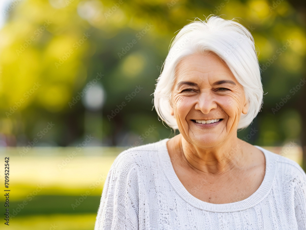 old woman smiled happily. Take care of your mental health. In a public park. copyscap old woman smiled happily. Take care of your mental health. In a public park. copyscap