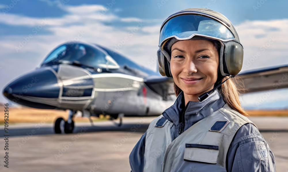 Portrait of a Caucasian female military fighter jet pilot with jet plane airfield background. - obrazy, fototapety, plakaty 