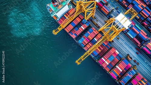 Container ship in import export and business logistic, By crane, Trade Port, Shipping cargo to harbor, Aerial view from drone, International transportation, Business logistics concept © buraratn