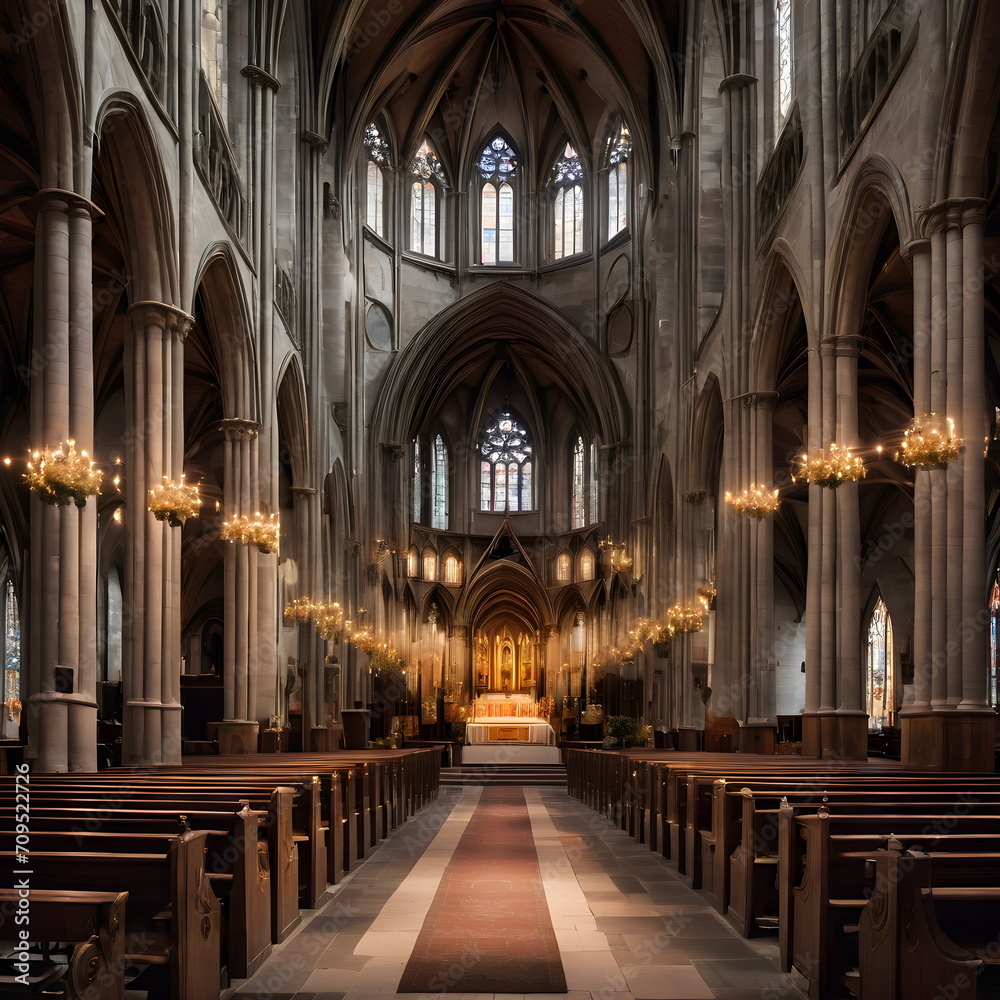 A medieval church cathedral with soaring Gothic arches and opulent decor