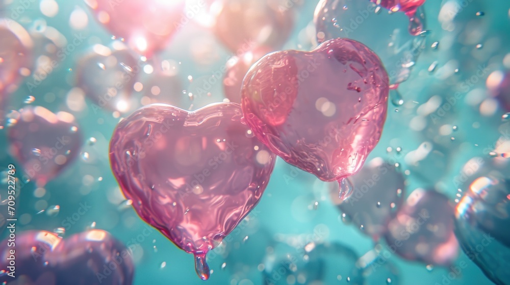 a couple of pink heart shaped balloons floating on top of a blue water filled with lots of bubbles on a sunny day. a couple of pink heart shaped balloons floating on top of a blue water filled with lots of bubbles on a sunny day.