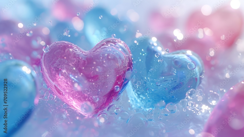  a couple of heart shaped candies sitting on top of a blue and pink liquid filled table top next to each other.