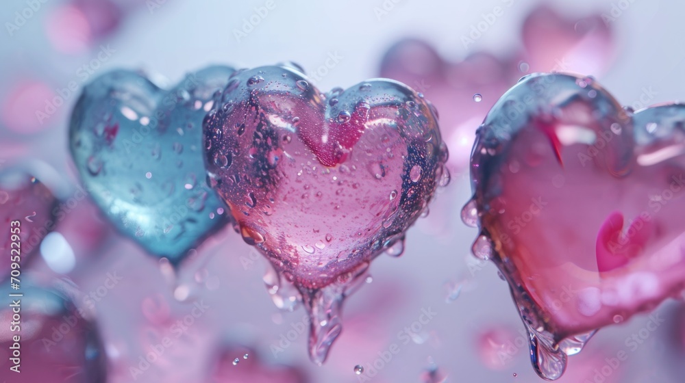  a group of heart shaped bubbles floating in the air with drops of water on the top and bottom of them.