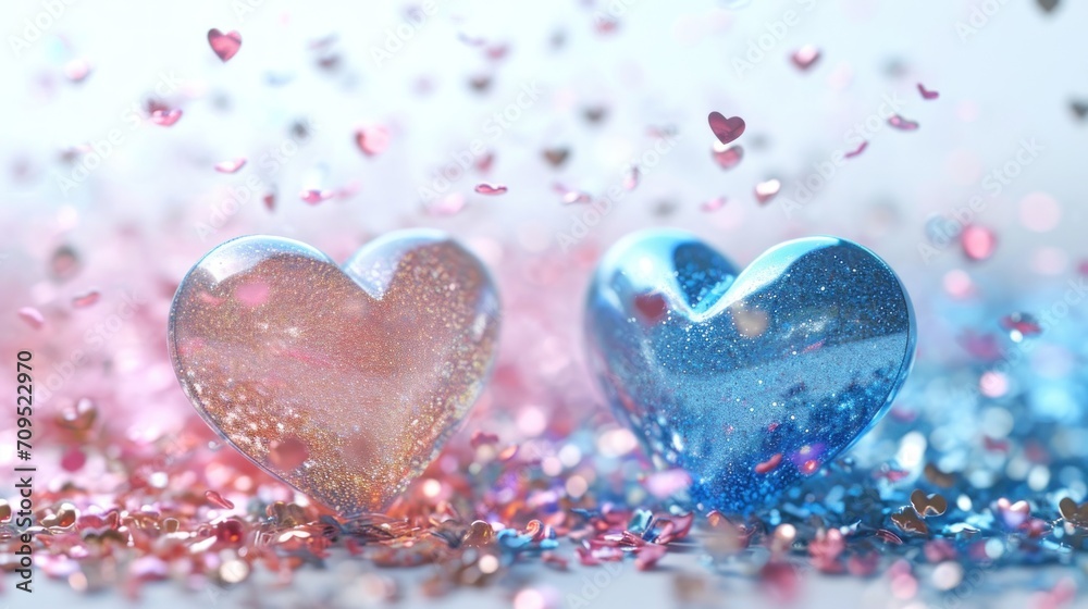  a couple of blue hearts sitting on top of a pile of pink and blue confetti sprinkles.