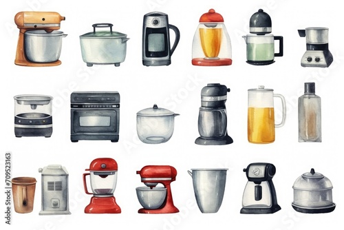 Kitchen appliances that can bake  heat food  mix various substances  mince  keep products fresh and mix ingredients. Watercolor style.