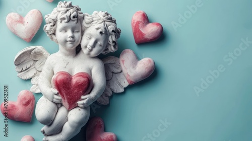  a statue of a cupid holding a heart surrounded by hearts on a blue background with pink and red hearts.