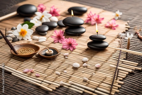 Scent joss stick, pebble and flower on mat for mental relaxation