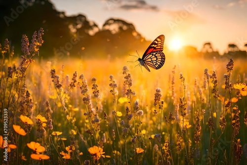 Tranquil nature background. Close-up of sunset nature meadow and butterfly. Abstract colors
