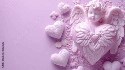  a pink heart with angel wings surrounded by white hearts on a purple background with scattered confetti around it.