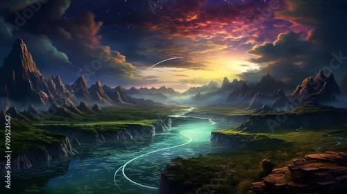 A dreamlike landscape with a river that flows upwards into the sky.