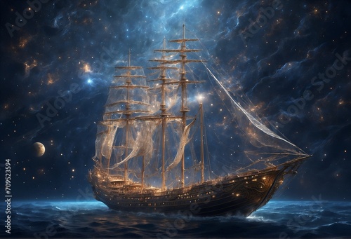 In the depths of the cosmos, a captivating satellite schooner floats amidst the celestial expanse. This otherworldly vessel, depicted in a stunning digital painting, exudes charisma and charm. photo