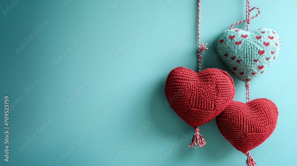  two knitted hearts hanging on a string on a blue background with a red heart on the left and a green heart on the right.