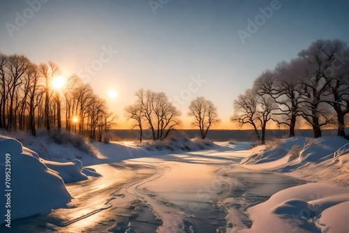 A frozen winter landscape with golden sunset © MISHAL