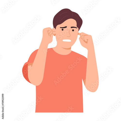 Vector illustration of man earplugs with his hands because he is annoyed by the noise. male has sad expression and covers his ears. Flat design