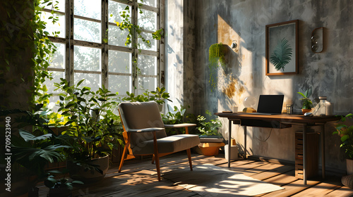 Modern Minimalist Home Office, Cozy and Bright, generative ai © J