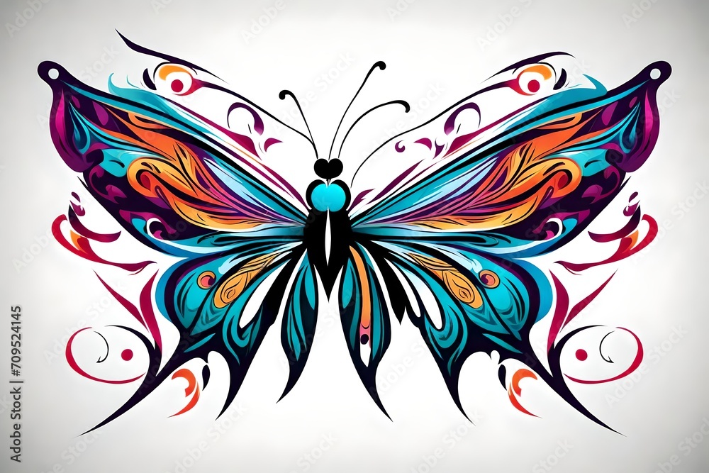 Colorful tribal butterfly tattoo isolated on white background