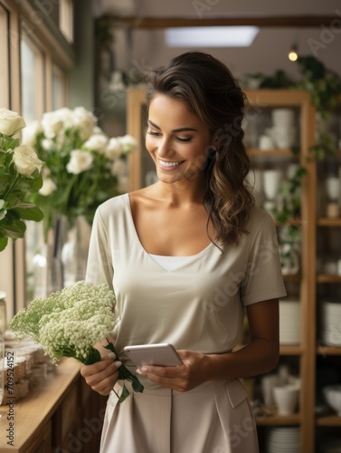 flower shop business owner woman managing flower shop with digital tablet.