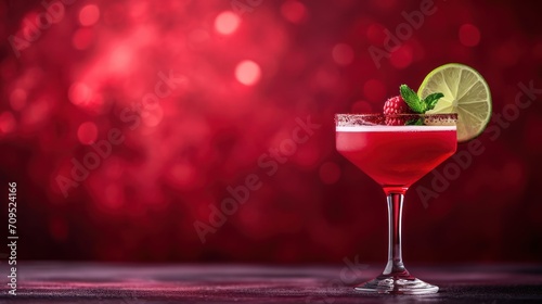  a close up of a drink in a glass with a lime and raspberry garnish on the rim.
