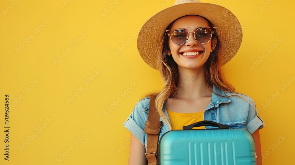  Young woman in yellow glasses, donning vibrant attire, ready to travel with a suitcase. A colorful portrayal of summer wanderlust and exploration. - obrazy, fototapety, plakaty 
