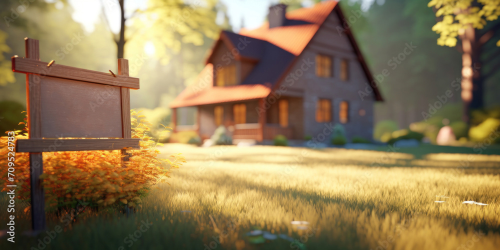 A warm sunset casts a golden glow over a peaceful countryside house surrounded by lush greenery and a welcoming wooden sign.