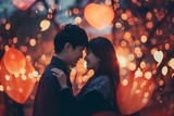 Couple in Foreground Embracing with Heart-Shaped Bokeh Lights