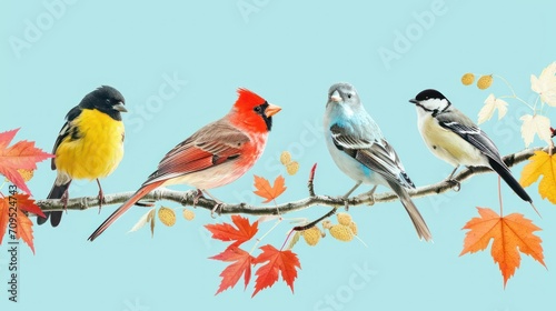  a group of birds sitting on top of a tree branch next to a tree branch with red, yellow, and blue leaves.