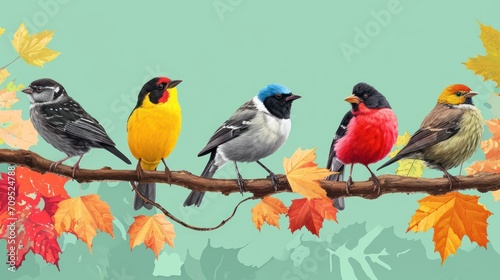  a group of birds sitting on top of a tree branch in front of a leafy green background with yellow, red, and orange leaves. © Shanti