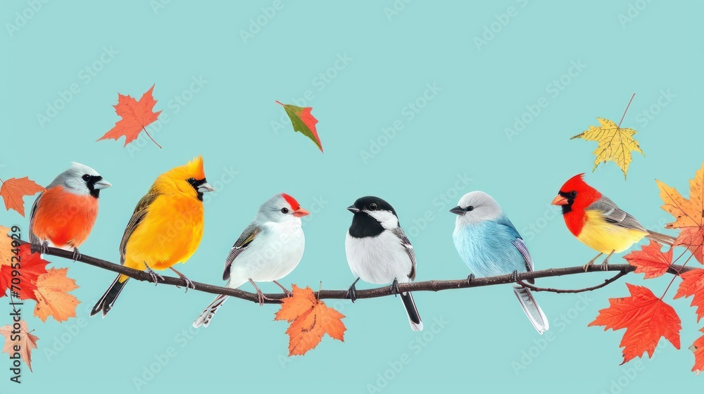  a group of birds sitting on top of a branch in front of a leaf filled sky with an umbrella in the background.
