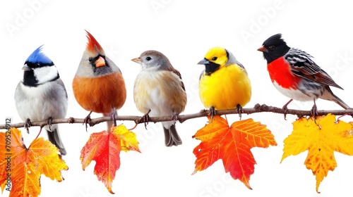  a group of birds sitting on top of a tree branch next to a bunch of leaves on a white background.