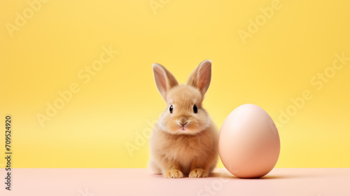 Easter tan bunny with light brown egg on yellow. AI generated. © ChikaArt