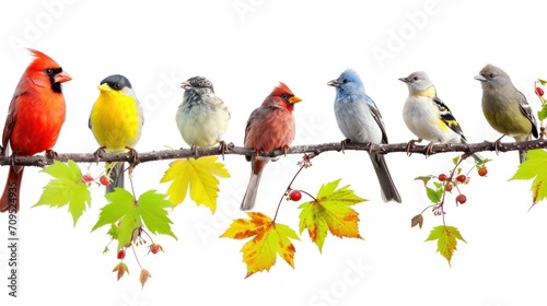  a group of birds sitting on top of a tree branch next to a tree branch with yellow and red leaves.