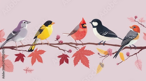  a group of birds sitting on top of a tree branch next to a leaf filled branch with red, yellow, and green leaves. © Shanti