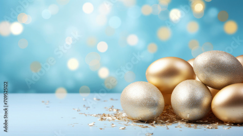Elegant golden Easter eggs sprinkled with glitter, set against a soft blue backdrop with sparkling bokeh effects.