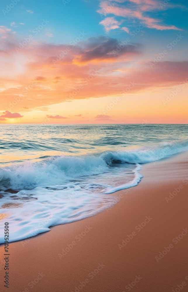 Colorful sunrise over ocean. Mesmerizing golden sunset on tropical summer beach with soft sand and crystal clear ocean waves. Copy space of summer vacation and holiday business travel concept.