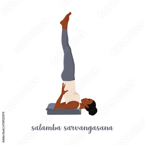 Woman doing Salamba Sarvangasana or shoulder stand pose. Practicing Hatha yoga. Flat vector illustration isolated on white background