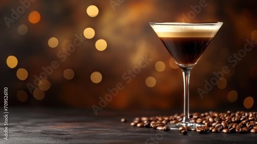  a martini glass filled with coffee sitting on top of a table next to a pile of coffee beans and a blurry background.