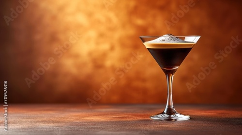  a close up of a drink in a wine glass on a table with a blurry wall in the background.