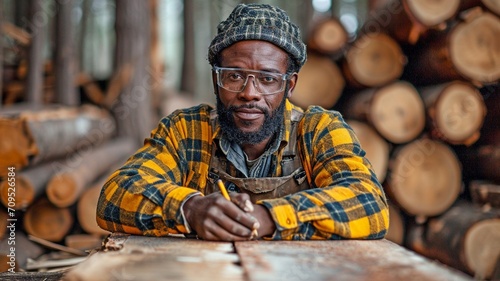 When working in a wood industry, an African American carpenter worker marks on wood with a pencil. © Sawitree88