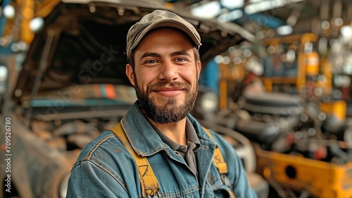 amiable vehicle repair A uniformed mechanic stands in the background of an open automobile, grinning and facing the camera. auto upkeep and repair.