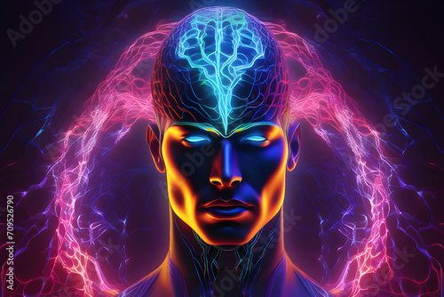 Muscular man with glowing veins in the brain concept