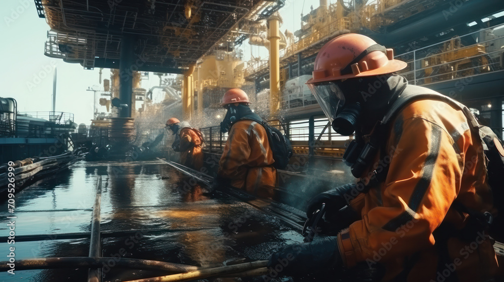 Emergency rescue team workers eliminate an emergency situation on gas and oil production platform Emergency rescue team workers eliminate an emergency situation on gas and oil production platform