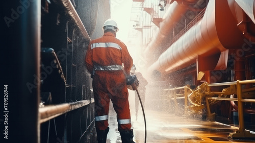 Emergency rescue team workers eliminate an emergency situation on gas and oil production platform