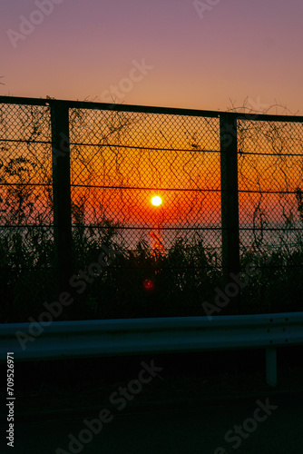 フェンス越しの夕日