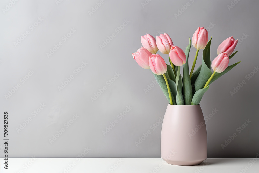 Pink tulip bouquet in glass vase on a minimalist table. Elegant home decoration. AI Generative.