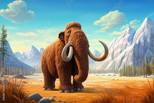 Woolly mammoth in a prehistoric winter landscape  cartoon illustration generated by AI