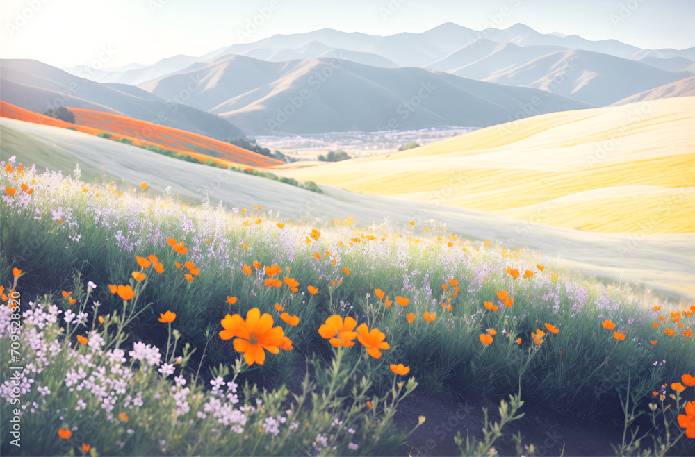 Field of colorful flowers with mountains in the background