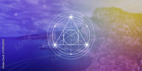 Philosopher stone. Sacred geometry spiritual new age futuristic illustration with interlocking circles, triangles and particles