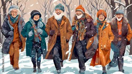 6 ältere Menschen, modern gekleidet laufen durch die winterliche Natur und haben Spaß.